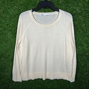 Zara Womens Large Cream Lightweight Raglan Sleeve Crewneck Knit Sweater Pullover